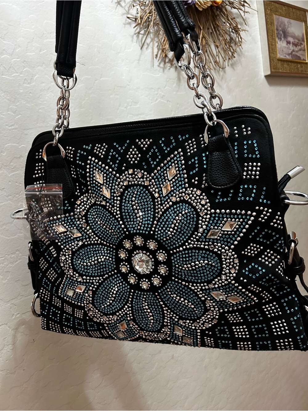Black Floral Crystal-Embellished Shoulder Bag